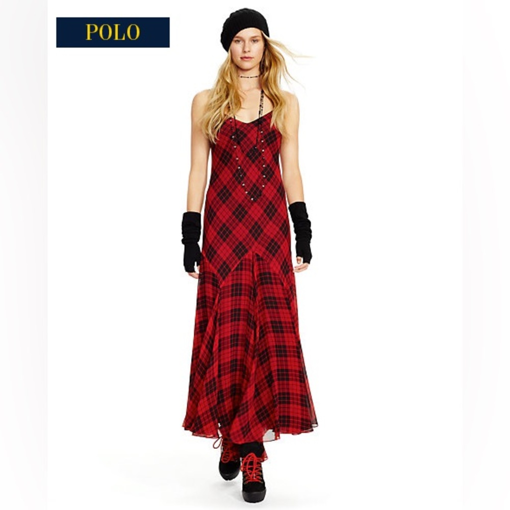 Ralph Lauren Polo Plaid Silk V-neck Maxi Dress